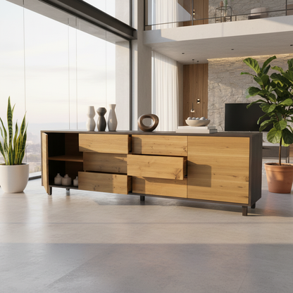 Rustic oak sideboard "schmale Fuge" in natural and black oil finish, 240cm by Wildwuchs-Möbel, showcasing sleek design.