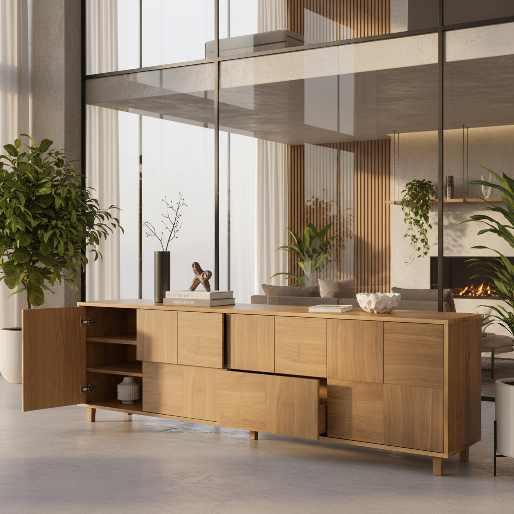 Moderner Wildwuchs-Möbel Sideboard "Mosaik" aus Eiche, natur geölt, 240cm lang, mit klaren Linien und elegantem Design.