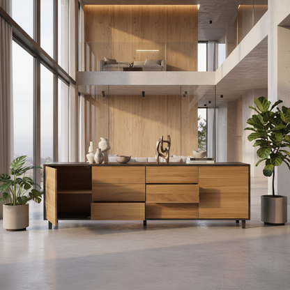 Sideboard "schmale Fuge" in oiled natural oak and black, 240cm, showcasing modern design by Wildwuchs-Möbel.