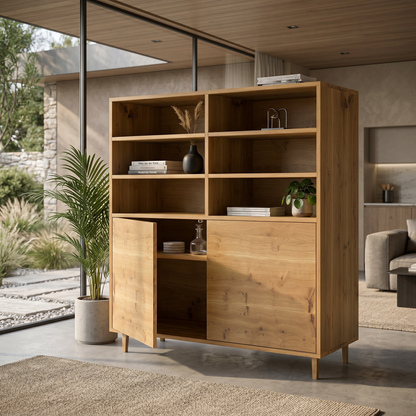 Rustikales Eiche Highboard von Wildwuchs-Möbel, schmal, naturgeölt, 120cm breit, modernes Design, mit schmalen Fugen.