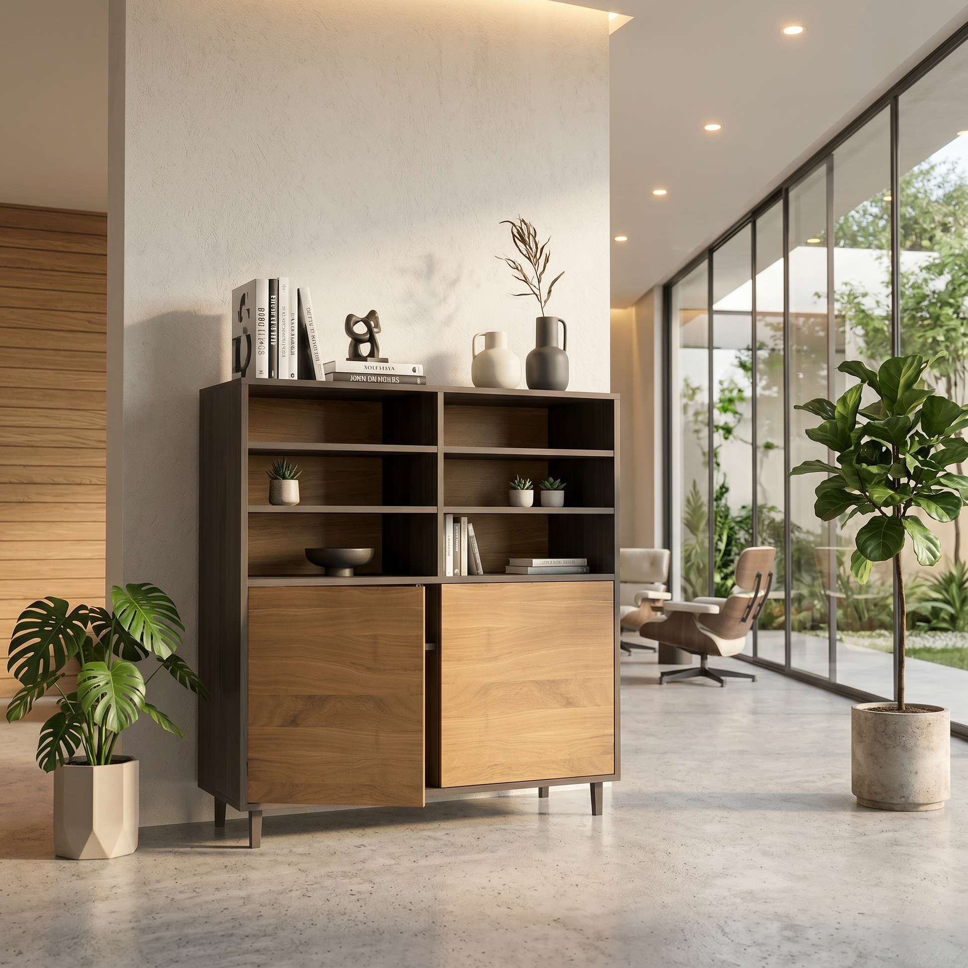 Moderner Highboard aus Eiche, schmal, natur und schwarz geölt, von Wildwuchs-Möbel, 120 cm breit, mit klaren Linien und eleganter Optik.