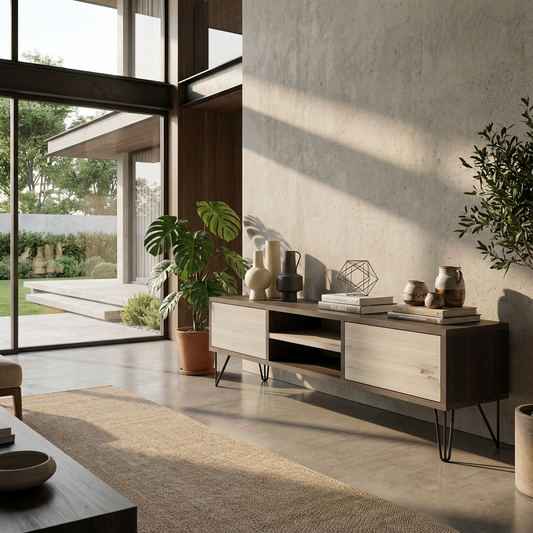 Lowboard Eiche Rustikal - Schwarz/weiß gewachst 150cm mit Stangenfuß