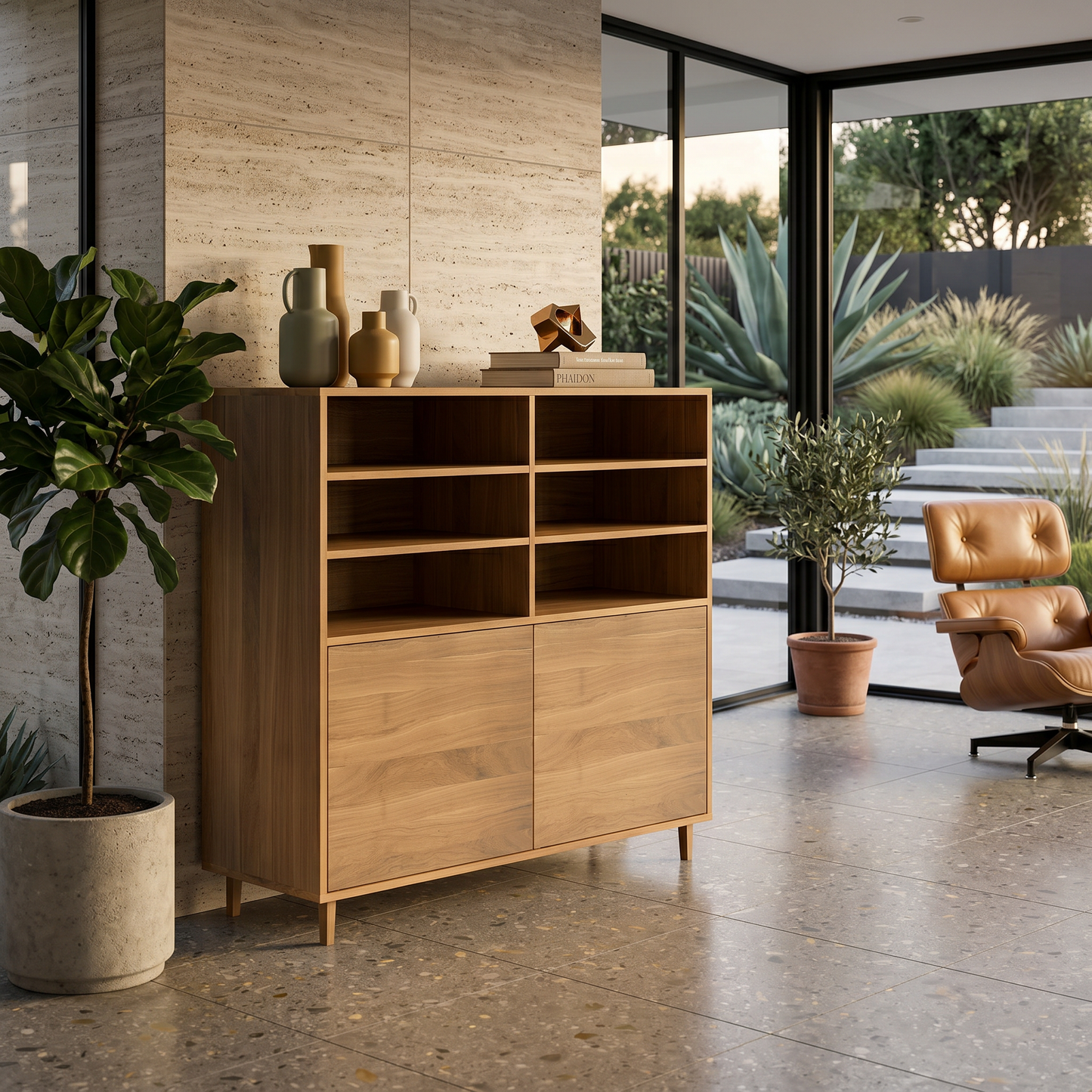 Moderner Highboard Eiche Premium schmal, natur geölt, 120cm breit, Wildwuchs-Möbel, elegantes Sideboard mit Fugenoptik