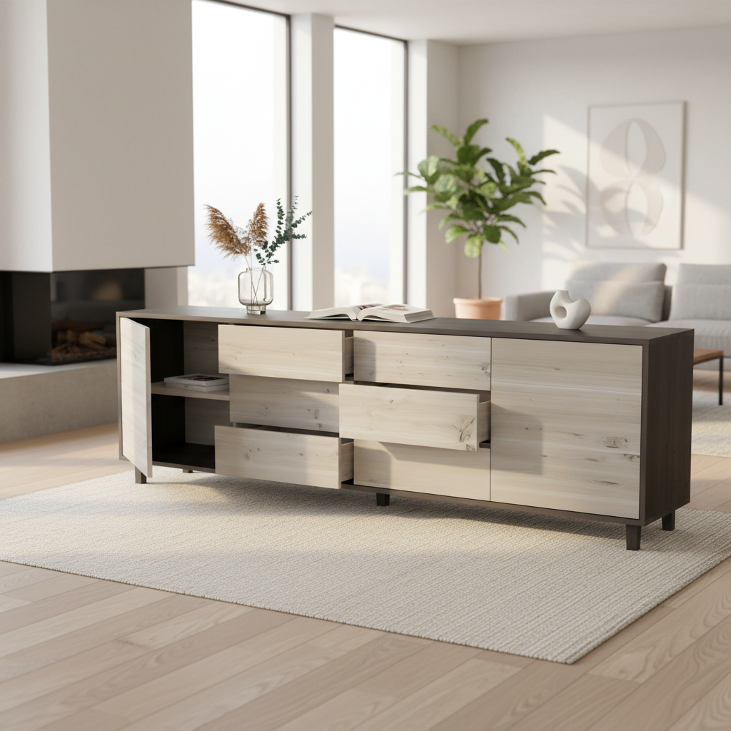 Rustic oak sideboard "schmale Fuge" in black and white, elegantly displayed in a bright living room setting.