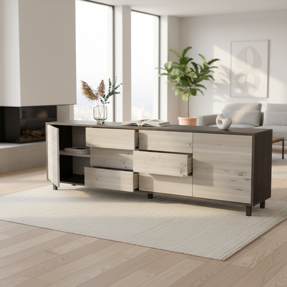 Rustic oak sideboard "schmale Fuge" in black and white, elegantly displayed in a bright living room setting.
