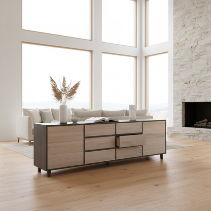 Moderner Eichen-Sideboard von Wildwuchs-Möbel in Schwarz/Weiß geölt, 240 cm breit, hochwertig verarbeitet, zentral im hellen Wohnzimmer.