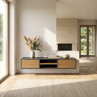 Lowboard Eiche Premium - Natur/Schwarz gewachst 150cm mit Wandaufhängung