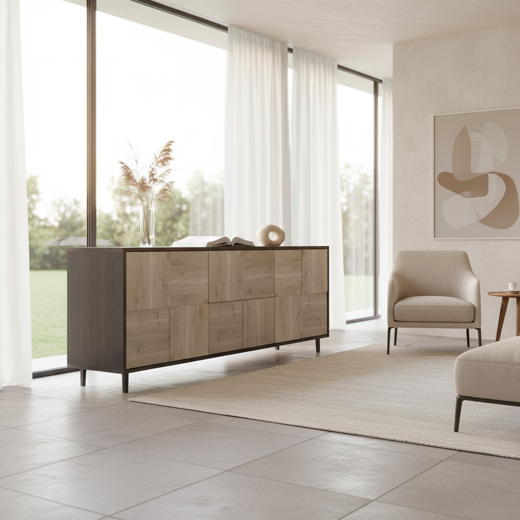 Hochwertiges Wildwuchs-Möbel Sideboard "Mosaik" aus rustikaler Eiche, schwarz/weiß geölt, 180 cm breit, modernes Design, zentral im Raum