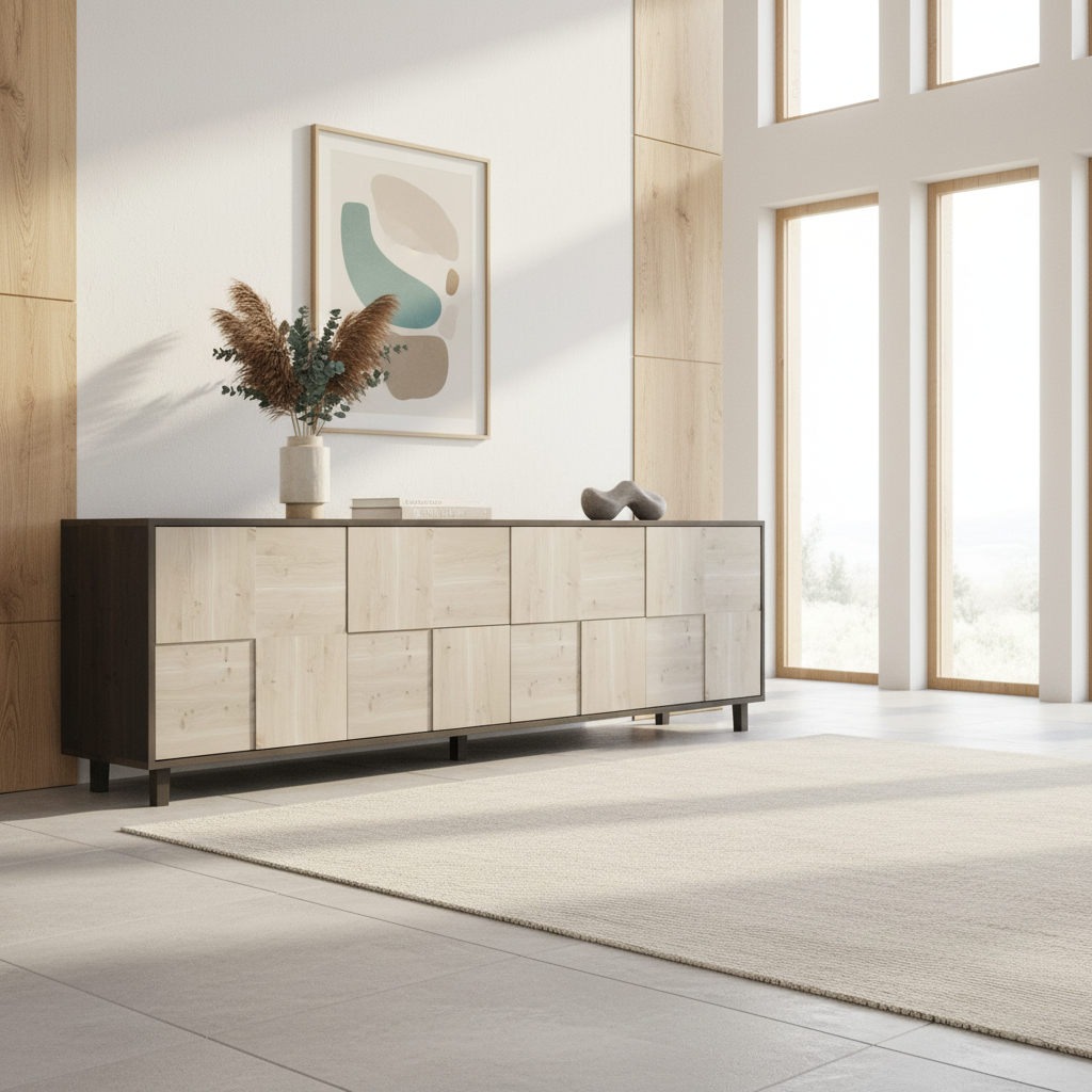 Hochwertiges Eiche Rustikal Sideboard "Mosaik" von Wildwuchs-Möbel, schwarz/weiß geölt, 240cm lang, in hellem Wohnraum.