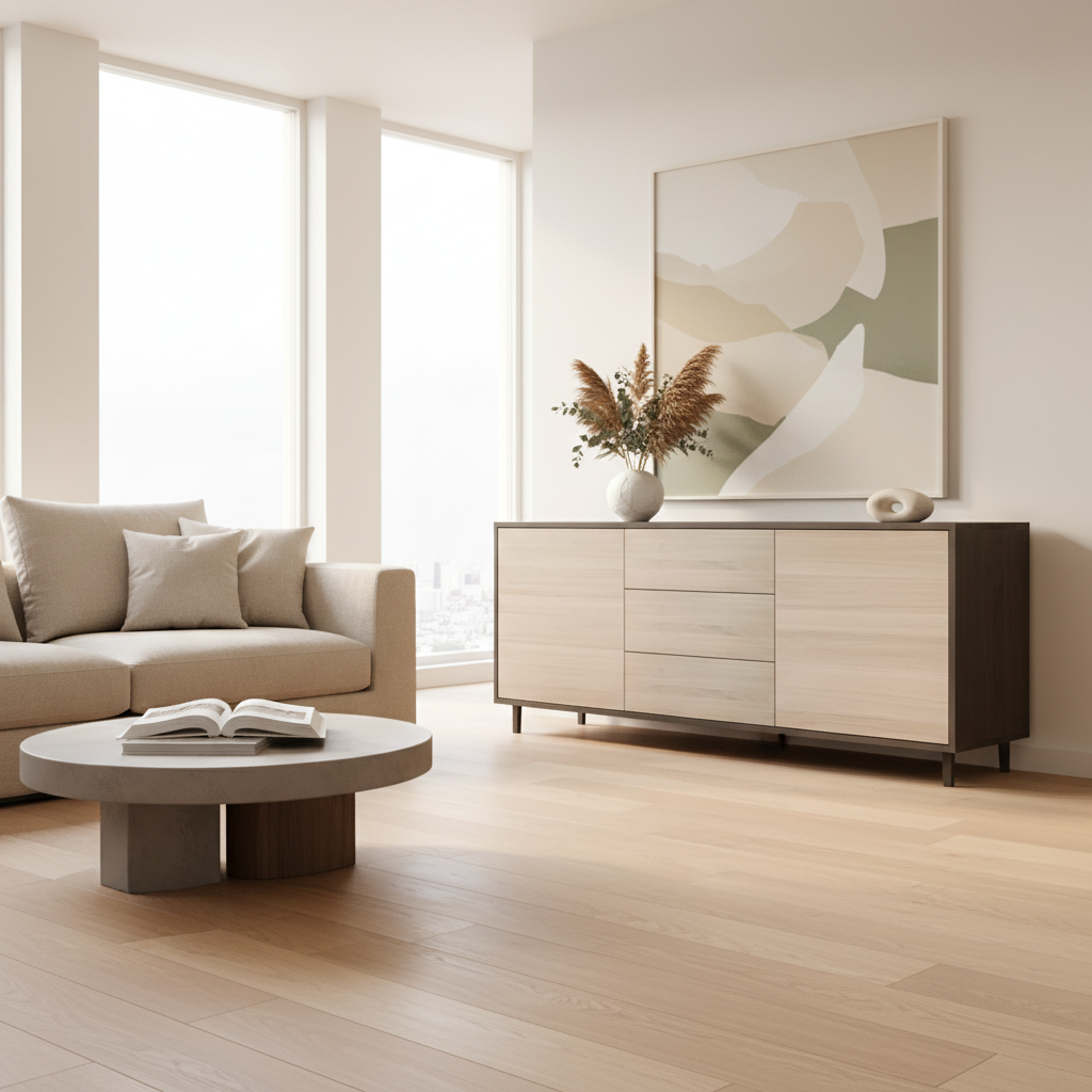 Sideboard "schmale Fuge" by Wildwuchs-Möbel in black and white, elegantly displayed in a bright living room setting.