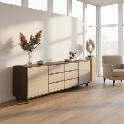 Modernes Eiche Sideboard Wildwuchs-Möbel in Schwarz/Weiß geölt, 240cm lang, hochwertig verarbeitet in hellem Wohnraum.