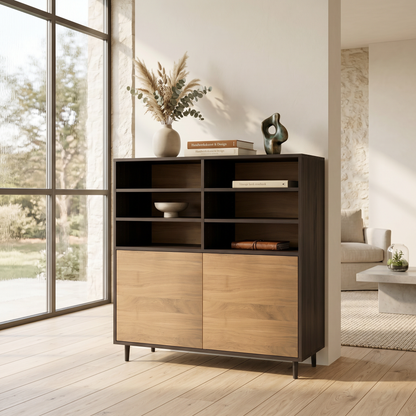 Moderner Highboard aus Eiche Premium, schmal, natur/schwarz geölt, Wildwuchs-Möbel, 120cm breit, hochwertig verarbeitet.