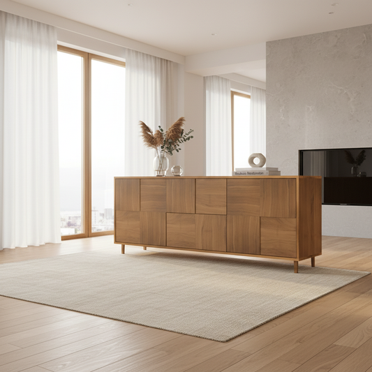 Hochwertiges Eiche Sideboard "Mosaik" von Wildwuchs-Möbel, natur geölt, 180cm breit, modernes Design, zentral im hellen Wohnzimmer