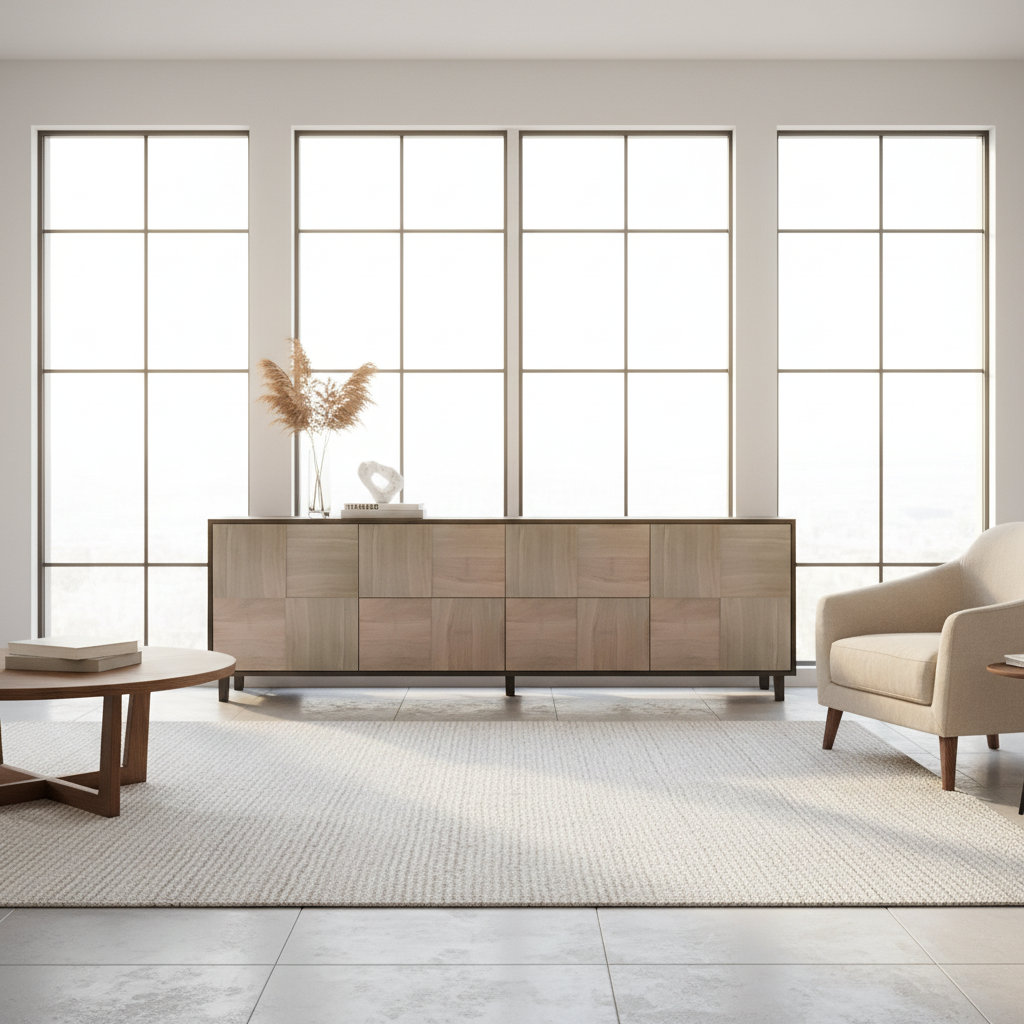 Hochwertiges, modernes Sideboard "Mosaik" aus Eiche von Wildwuchs-Möbel in Schwarz und Weiß, 240cm lang, in hellem Wohnraum.