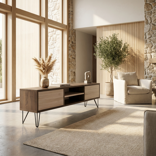 Lowboard Eiche Premium - Schwarz/Weiß gewachst 150cm mit Stangenfuß