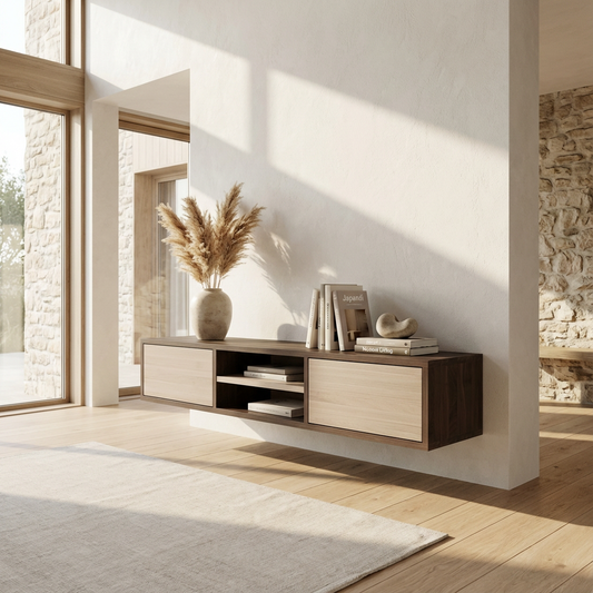 Lowboard Eiche Premium - Schwarz/Weiß gewachst 150cm mit Wandaufhängung