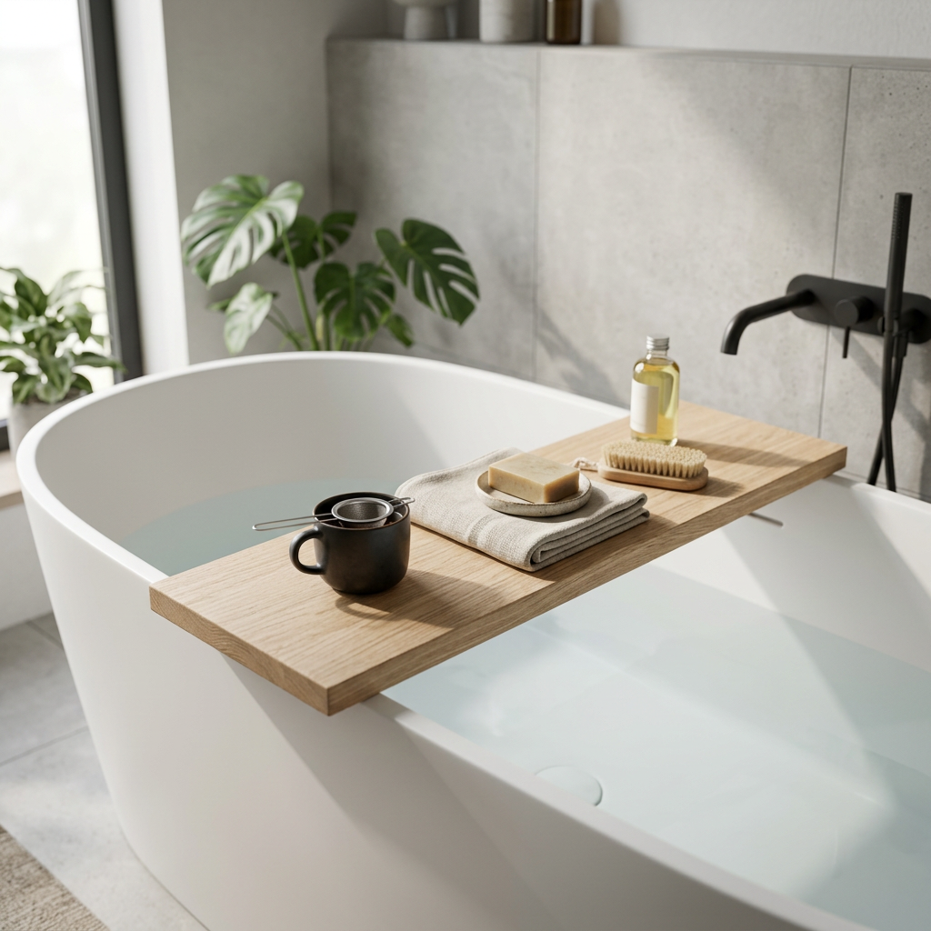 Badewannenablage aus massiver Eiche von Wildwuchs Möbel, 75 cm, auf einer Badewanne platziert