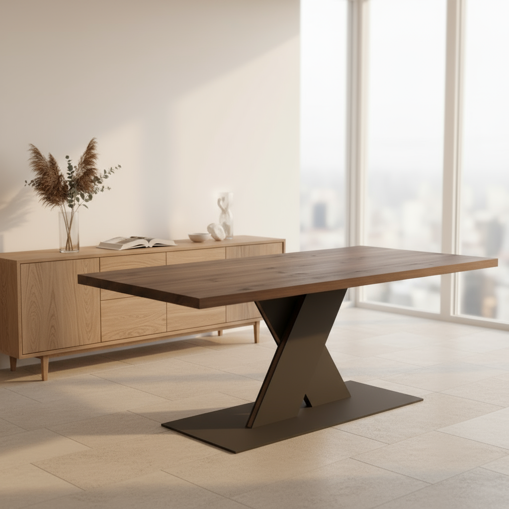 Rustic brown oak dining table by Wildwuchs-Möbel with a flat X-shaped base made of solid steel and wood.