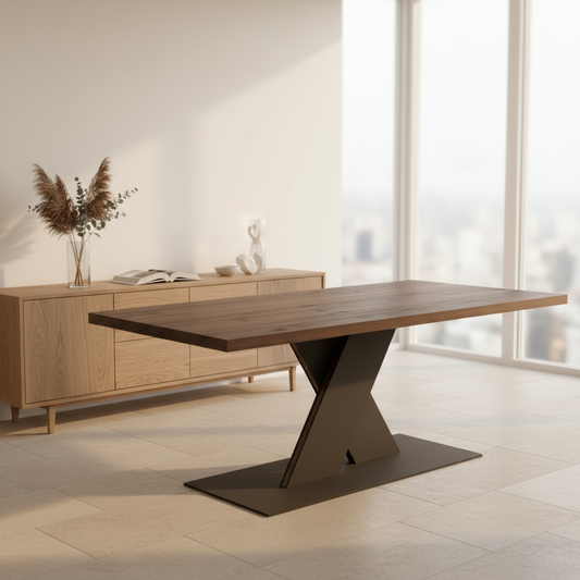 Rustic brown oak dining table by Wildwuchs-Möbel with a flat X-shaped base made of solid steel and wood.