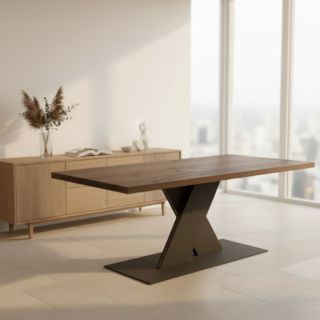 Rustic brown oak dining table by Wildwuchs-Möbel with a flat X-shaped base made of solid steel and wood.