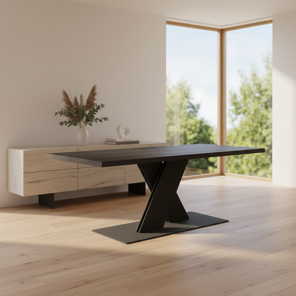 Rustic black oak dining table with flat X base in solid steel by Wildwuchs-Möbel, set in a bright living space.
