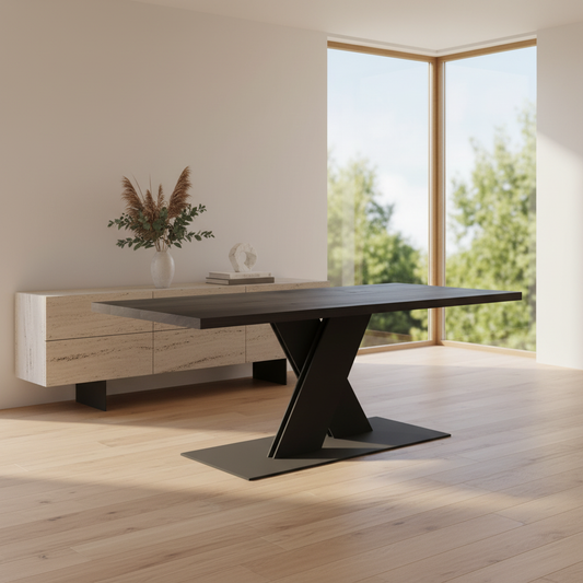Rustic black oak dining table with flat X base in solid steel by Wildwuchs-Möbel, set in a bright living space.
