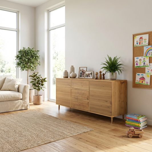 Rustikales Eiche Sideboard von Wildwuchs-Möbel, natur geölt, 180cm breit, modernes Design, klare Linien, hochwertige Holzoptik