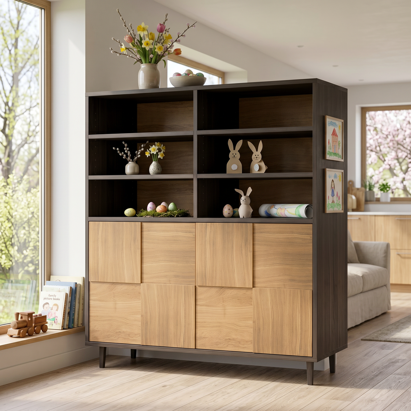 Helles Wohnzimmerschrank aus Eiche mit Mosaik-Design, natur- und schwarz geölt, 120cm breit, von Wildwuchs-Möbel