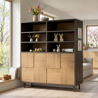 Helles Wohnzimmerschrank aus Eiche mit Mosaik-Design, natur- und schwarz geölt, 120cm breit, von Wildwuchs-Möbel