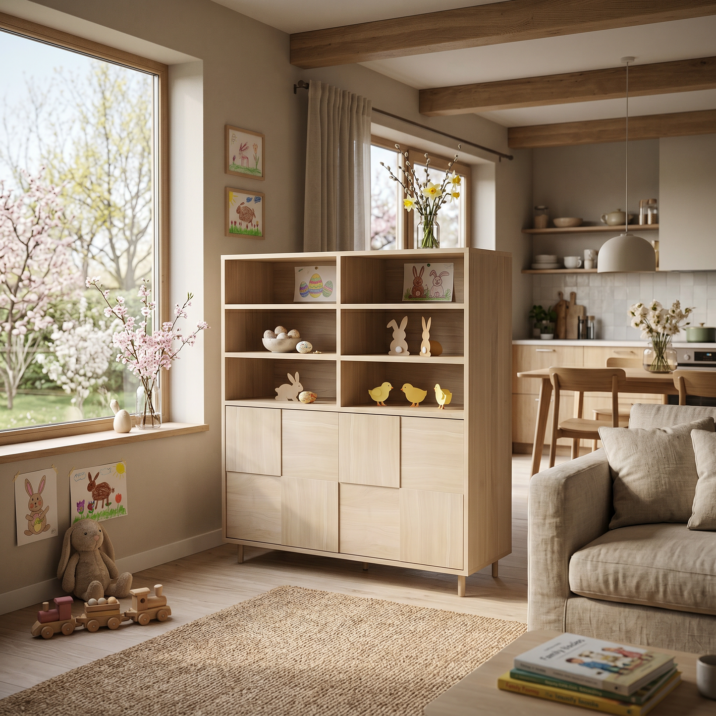 Helles Highboard aus Eiche Premium Mosaik von Wildwuchs-Möbel, geölt, 120 cm, offenes Design für gemütliches Wohnzimmer und Küche