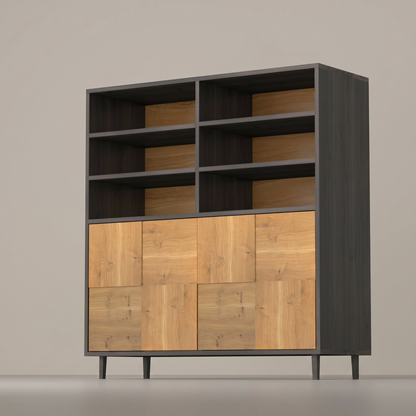 Moderner Highboard aus rustikaler Eiche mit Mosaik-Design, natur- und schwarz geölt, 120 cm breit, von Wildwuchs-Möbel.