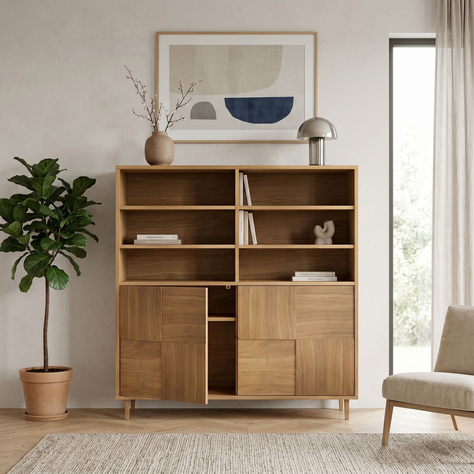Hochschrank aus Eiche, natur geölt, 120cm breit, Wildwuchs-Möbel, modernes Design mit Mosaik-Details, sichtbare Oberfläche