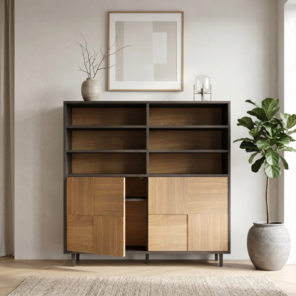 Hochschrank aus Eiche mit Mosaik-Design, natur- und schwarz geölt, 120cm breit, Wildwuchs-Möbel, modernes Sideboard