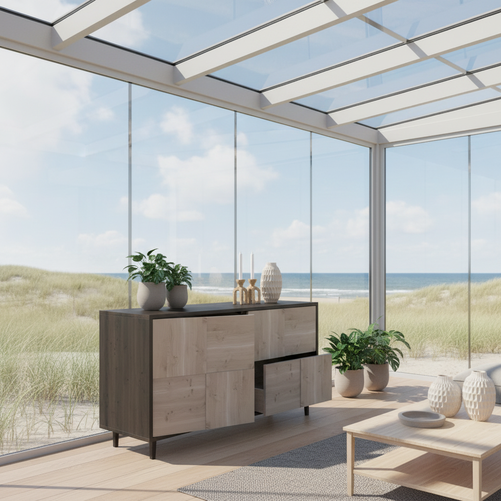 Rustikales Eichen-Sideboard "Mosaik" von Wildwuchs-Möbel, 120cm, schwarz/weiß geölt, modernes Design, stabile Holzstruktur