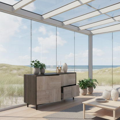 Rustikales Eichen-Sideboard "Mosaik" von Wildwuchs-Möbel, 120cm, schwarz/weiß geölt, modernes Design, stabile Holzstruktur