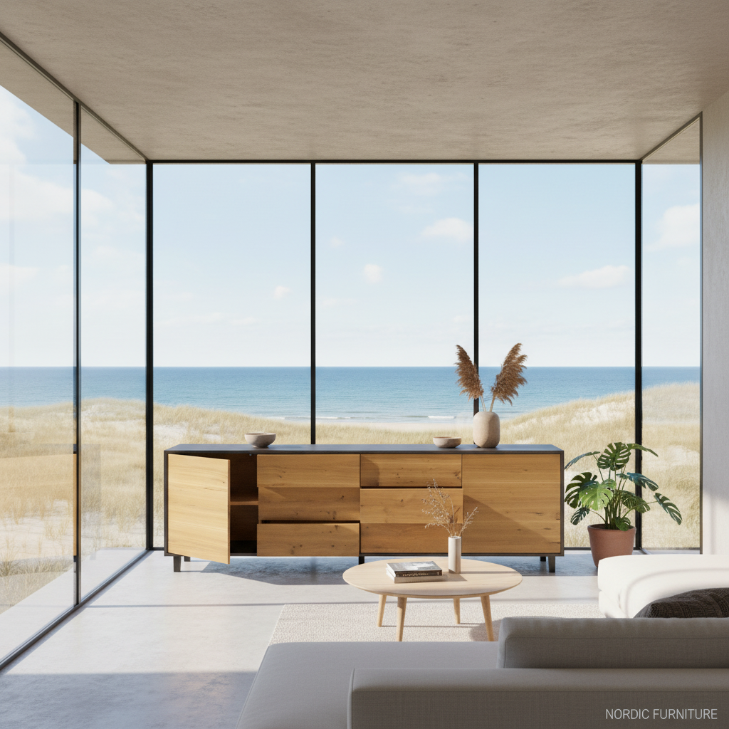 Rustic oak sideboard "schmale Fuge" in natural and black oil finish, 240cm, by Wildwuchs-Möbel.