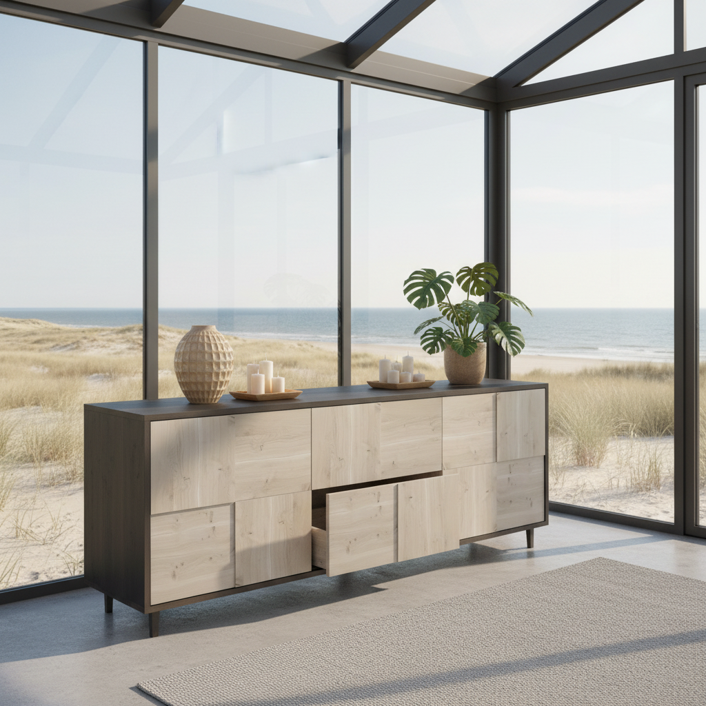 Rustikales Eiche Sideboard "Mosaik" von Wildwuchs-Möbel, 180cm lang, schwarz/weiß geölt, modernes Design, sichtbar im Bild