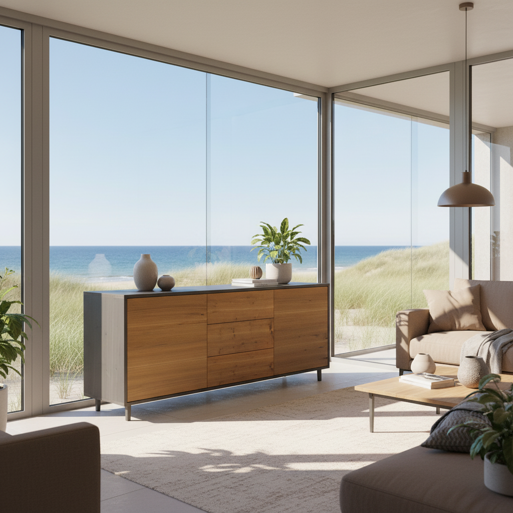 Rustic oak sideboard "schmale Fuge" in natural and black oil finish, measuring 180cm, by Wildwuchs-Möbel.