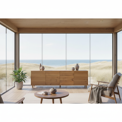 Rustic oak sideboard "schmale Fuge" by Wildwuchs-Möbel, 240cm, showcasing natural oil finish and sleek design.