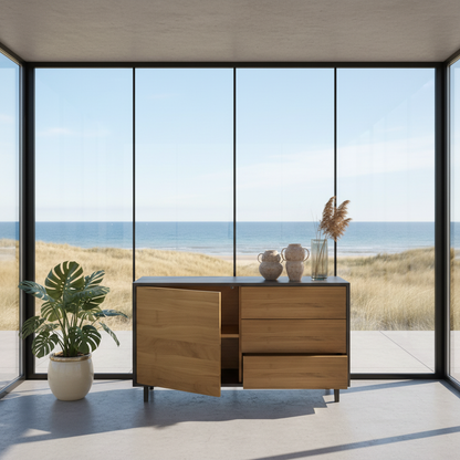 Schmaler Eiche Sideboard "schmale Fuge" von Wildwuchs-Möbel, natur/Schwarz geölt, 120cm breit, modernes Design, Holzoptik