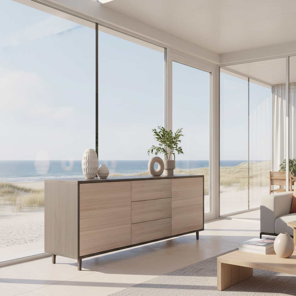 Sideboard "schmale Fuge" by Wildwuchs-Möbel in oak, black and white, 180cm, showcasing sleek design and wood grain.