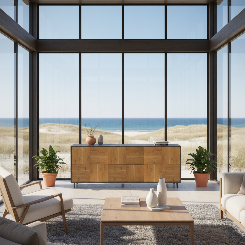 Rustikales Eiche Sideboard "Mosaik" von Wildwuchs-Möbel, 180cm lang, Natur und Schwarz geölt, mit modernem Design.