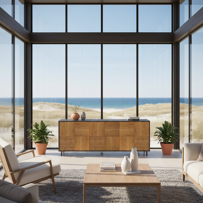 Rustikales Eiche Sideboard "Mosaik" von Wildwuchs-Möbel, 180cm lang, Natur und Schwarz geölt, mit modernem Design.