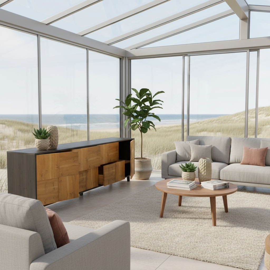 Rustikales Eichen-Sideboard "Mosaik" von Wildwuchs-Möbel, Natur/Schwarz geölt, 240cm breit, modernes Möbelstück mit Mosaik-Design.