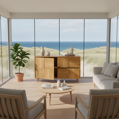 Rustic oak sideboard "Mosaik" by Wildwuchs-Möbel, 120cm, showcasing natural oil finish and elegant design.