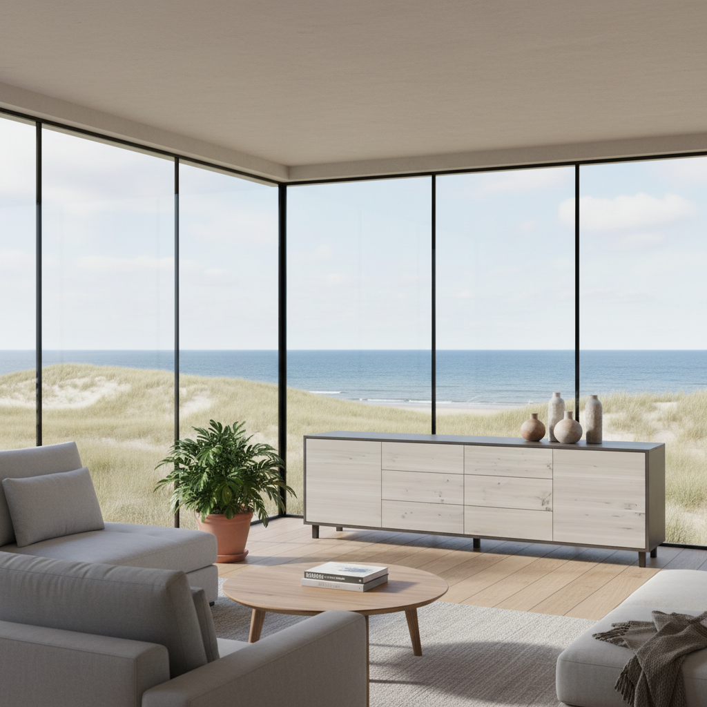 Rustic oak sideboard "schmale Fuge" in black and white, 240cm, by Wildwuchs-Möbel, showcasing its elegant design.