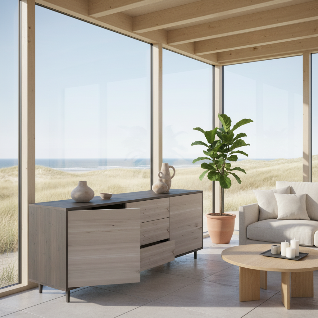 Rustic oak sideboard "schmale Fuge" in black and white, 180cm by Wildwuchs-Möbel, showcasing clean lines and elegant design.