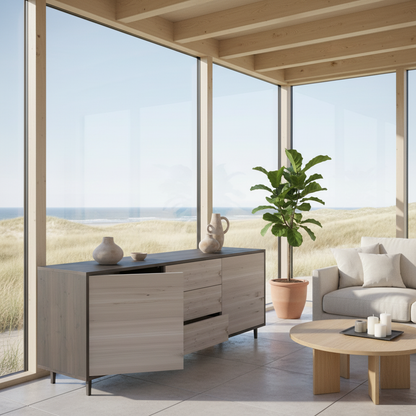 Rustic oak sideboard "schmale Fuge" in black and white, 180cm by Wildwuchs-Möbel, showcasing clean lines and elegant design.