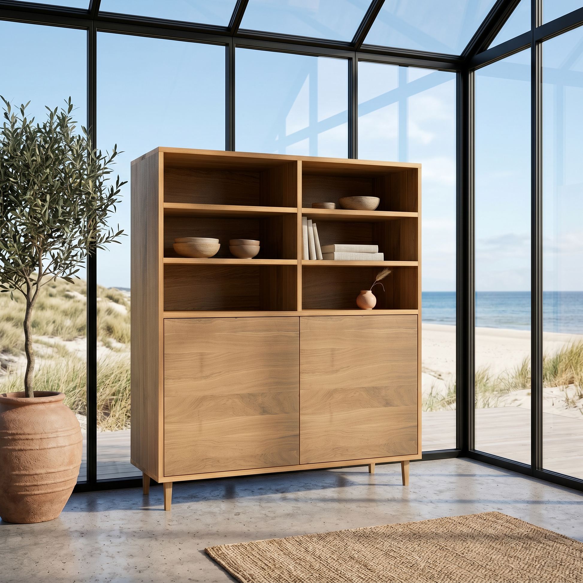 Hochwertiges Eichen-Highboard von Wildwuchs-Möbel, naturgeölt, schmal, 120cm breit, modernes Sideboard mit Fugen-Design.