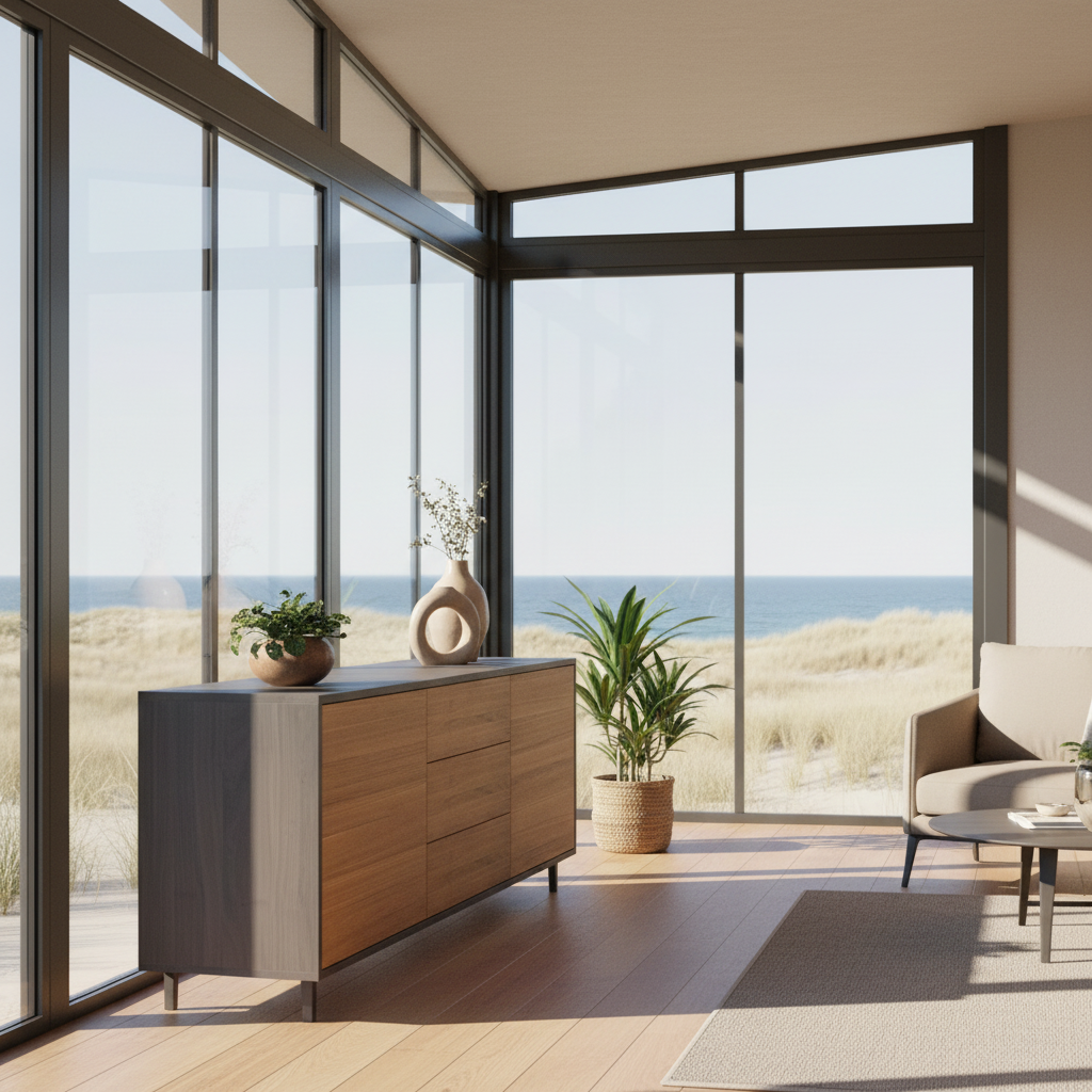 Sideboard "schmale Fuge" by Wildwuchs-Möbel in natural oak and black oil finish, 180cm, showcasing sleek design and elegant lines.